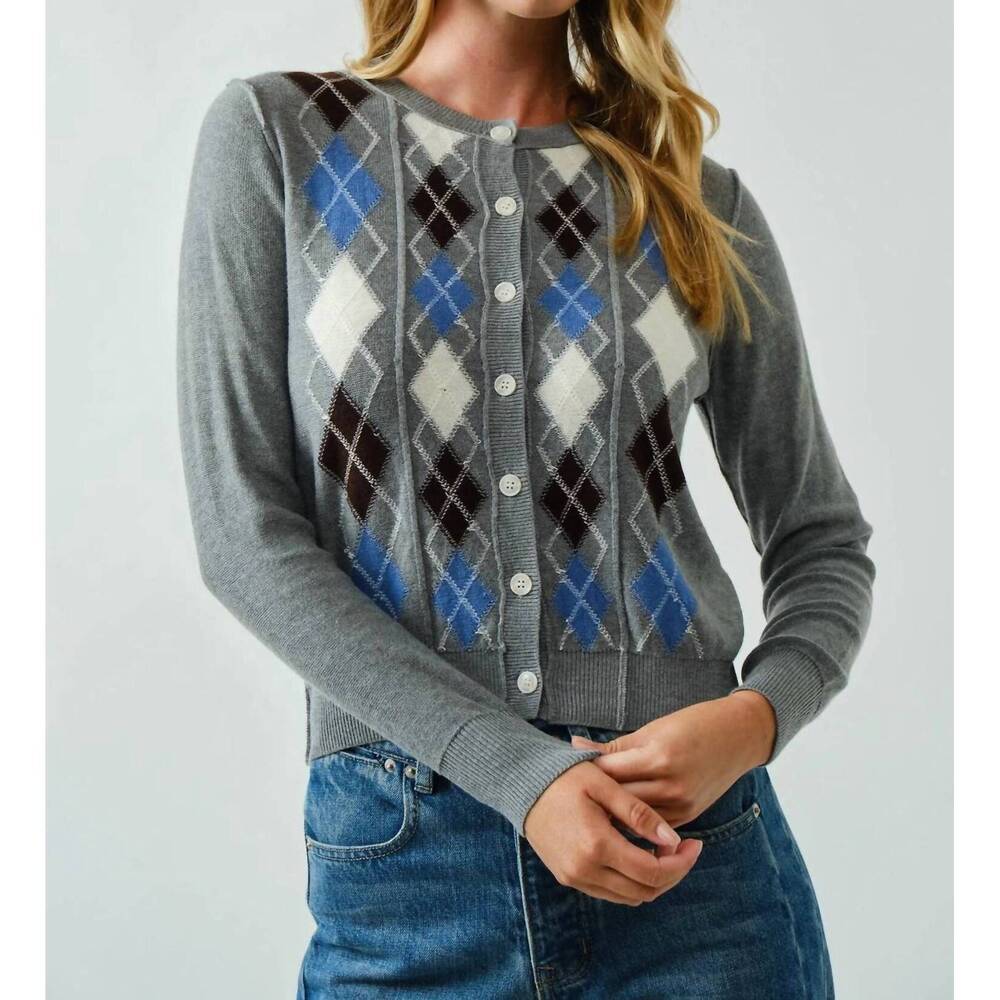 NEW AARON & AMBER argyle button front sweater cardigan in grey